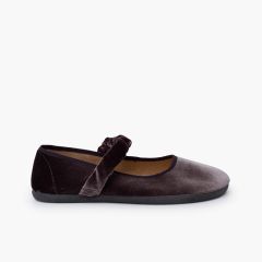 Barefoot-Mary Janes Samt gerafftem Riemen Grau