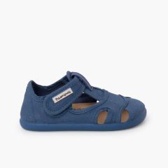 Barfuß-Sandalen Kinder Canvas breitem Verschluss Jeansblau