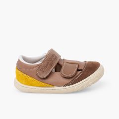 Barfuß-Ledersandalen Kinder Doppel-Klettverschluss Erde