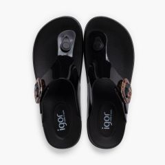 Extra leichte Zehentrenner Sandalen Glanz Damen Schwarz