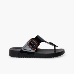 Extra leichte Zehentrenner Sandalen Glanz Damen Schwarz