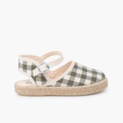 Girls' gingham espadrilles buckle strap Olivgrün