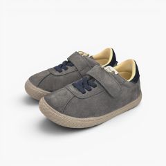 Barefoot-Sneaker Velours-Spaltlederoptik Kombiverschluss Grau