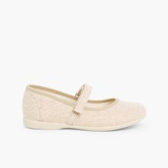 Mädchen Schuhe mit Riemchen aus Leinen mit Klettverschluss fein Sand
