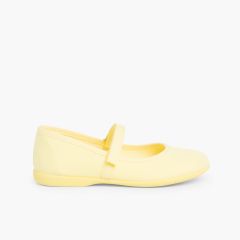 Mädchen Riemchenballerinas  aus Stoff mit dünnem Klettverschlussriemen Zitronengelb