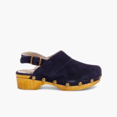 Holzschuhe aus Veloursleder, Holzsohle Marineblau