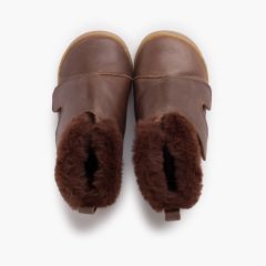 Lederstiefel mit breitem Riemen und Pelzkragen Braun