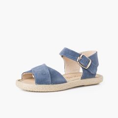 Wildleder-Sandalen mit gekreuzten Riemen und Jutesohle Blau