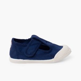 Barefoot T-bar Shoes aus Baumwollstoff Marineblau