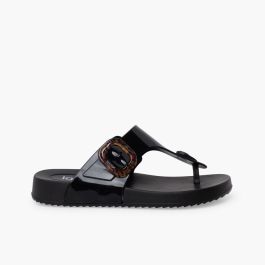 Extra leichte Zehentrenner Sandalen Glanz Damen Schwarz