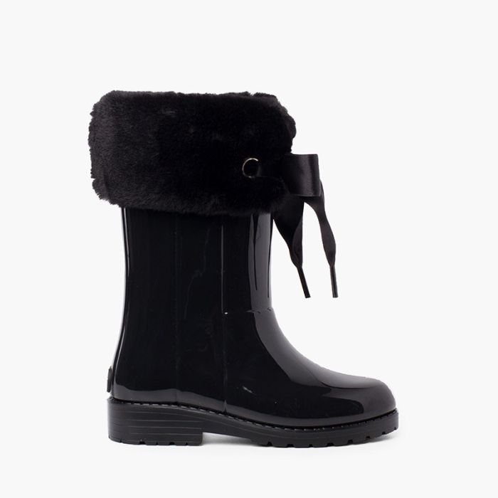 Gummistiefel Wanderstil mit weichem Fellkragen und Schleife