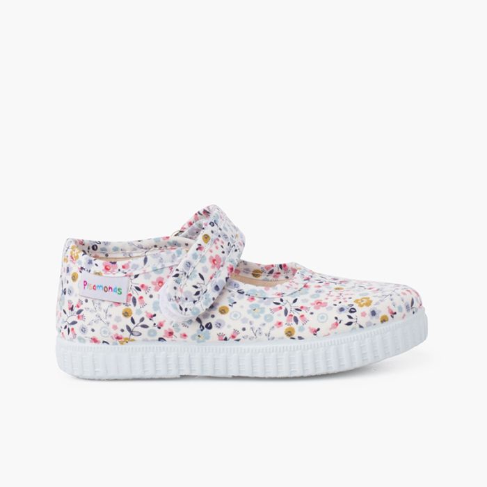 Riemchenballerinas mit Blumenmuster und Haftbandverschluss
