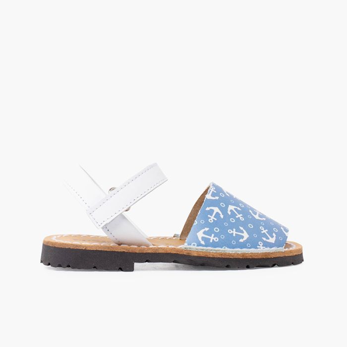 Bicolor Menorquinas-Sandalen mit Anker-Muster für Kinder und Klettverschluss