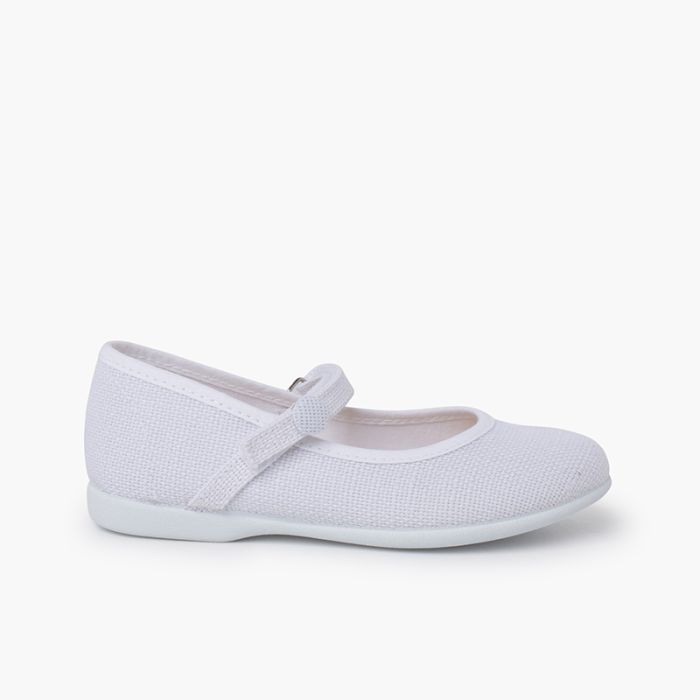 Leinenschuhe Mary Janes mit Klettverschluss und Knopf
