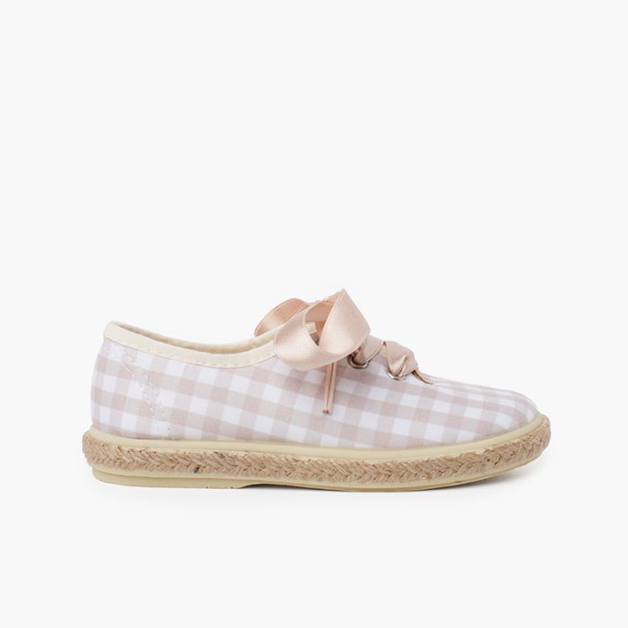 Karierte Jutesneaker Satinbändern