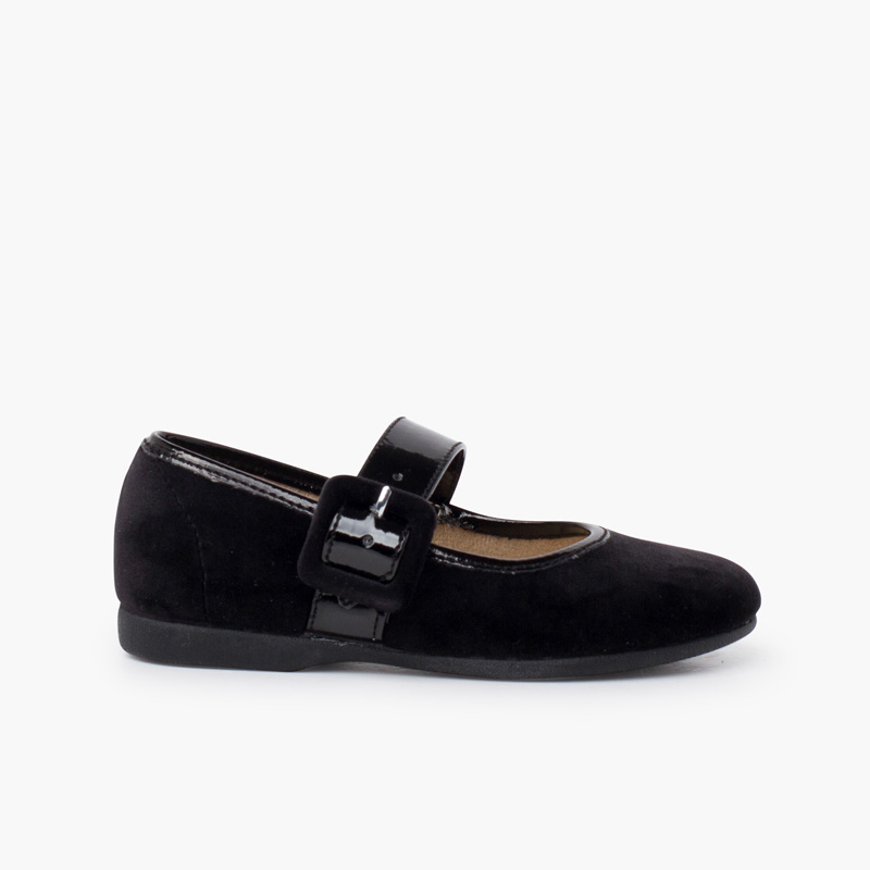 Samt Riemchenballerinas mit breitem Riemen im Lack-Look Schwarz