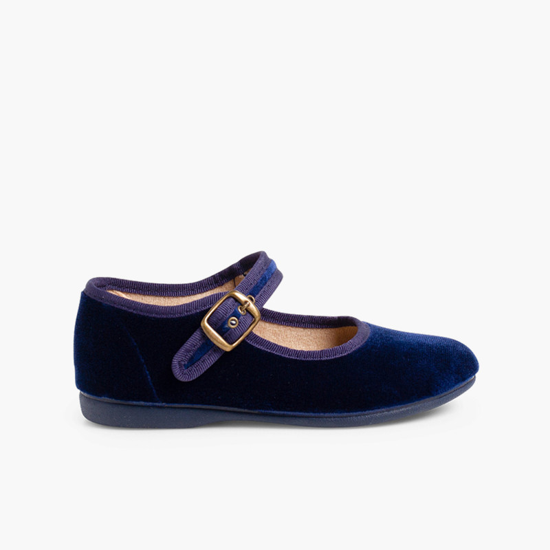 Mädchen Riemchenballerinas  aus Samt mit Schnalle Marineblau