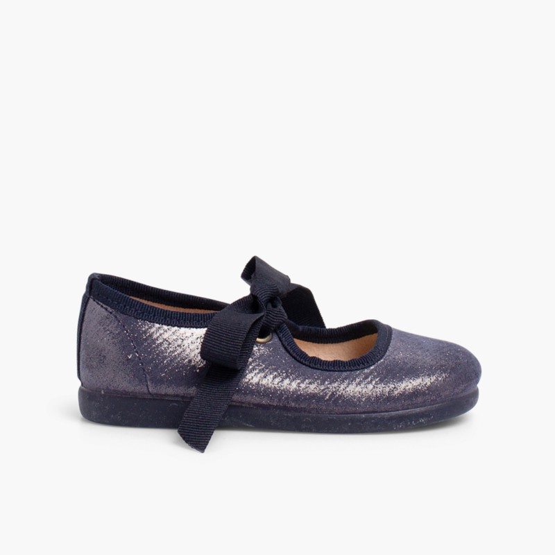 Riemchenballerinas aus Glitzer mit Schleife Marineblau