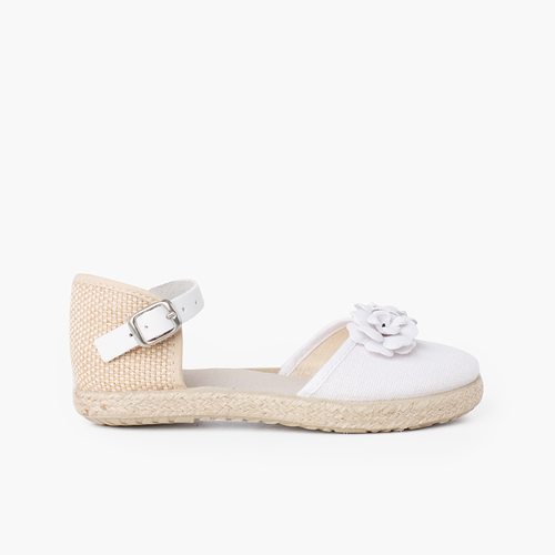 Espadrillesandale mit Blumenmuster und Lederband Weiß