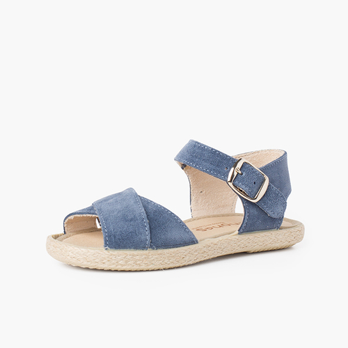 Wildleder-Sandalen mit gekreuzten Riemen und Jutesohle Blau