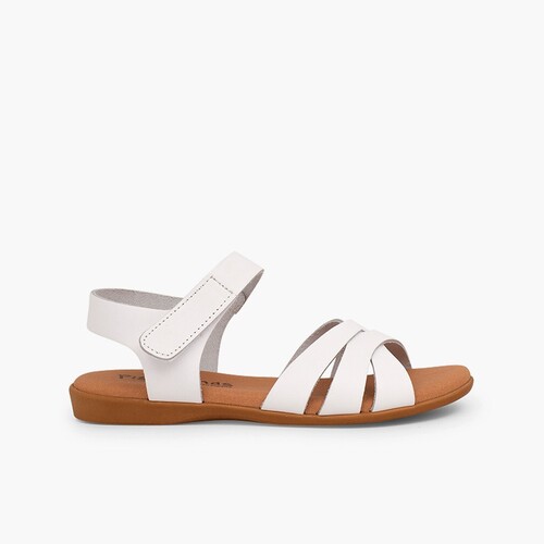 Mädchen Sandalen aus Leder mit Kreuzriemen und Klettverschluss Weiß