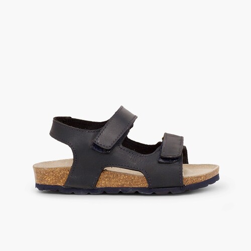 Sandalen aus Bioleder für Jungen mit doppeltem Klebeband Marineblau