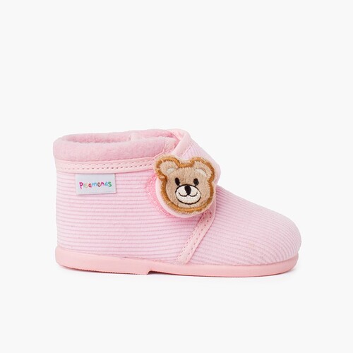 Hausschuhe für Jungen aus Cord mit Bärenapplikation Rosa