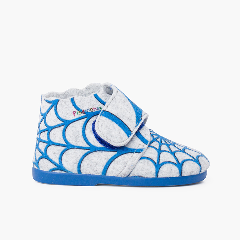 Filzhausschuhe mit Haftbandverschluss Blaue Spinnweben